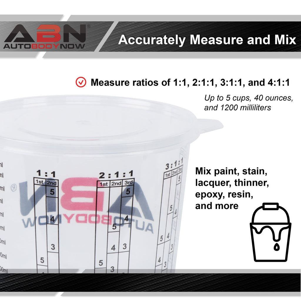 ABN 32 Oz 1000ml Quart Disposable Flexible Clear Graduated Plastic Mixing Cups with Lids 100 Pack Use for Paint, Resin, Epoxy, Art, Kitchen, Baking - Measuring Ratios 1:1, 2:1:1, 3:1:1, and 4:1:1