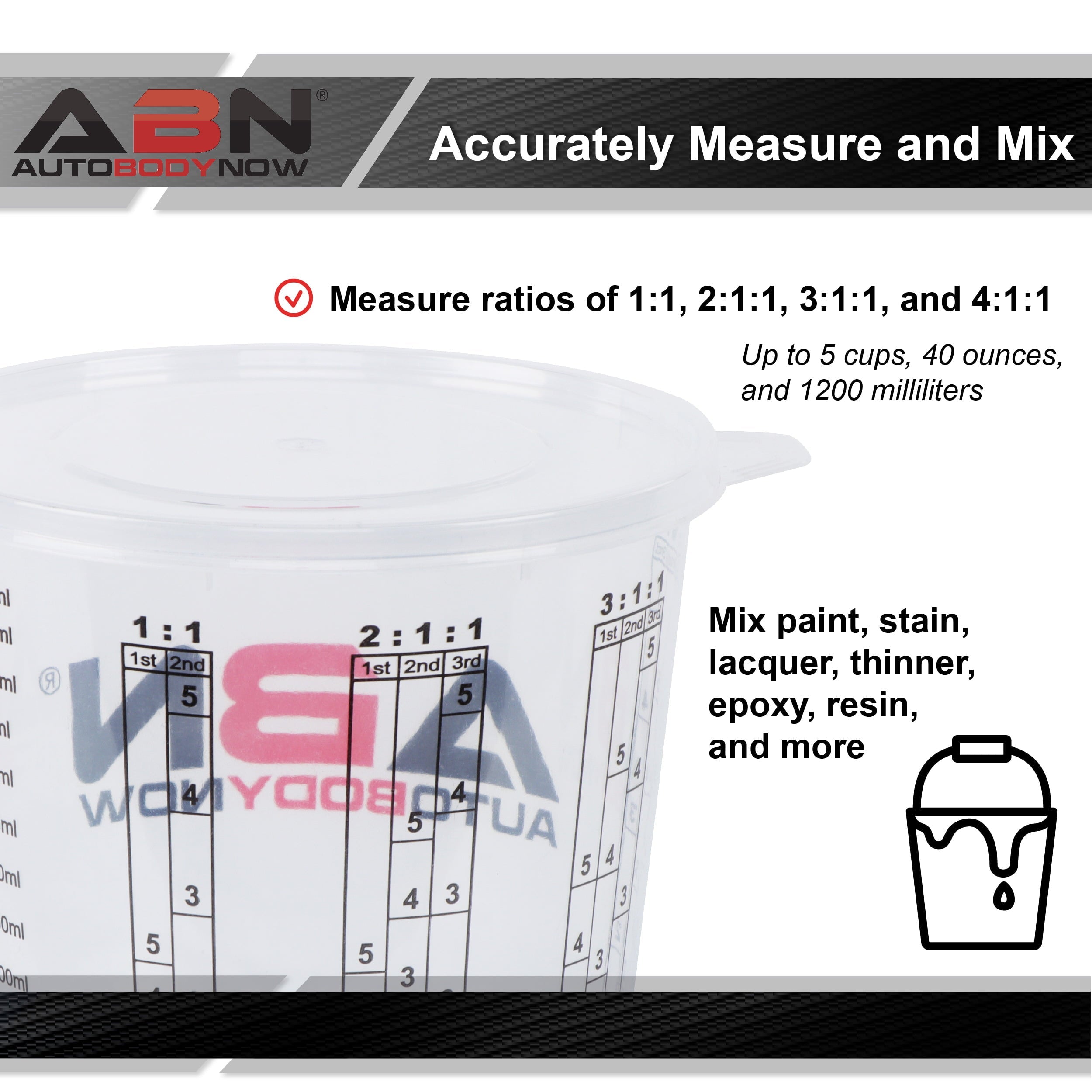ABN 32 Oz 1000ml Quart Disposable Flexible Clear Graduated Plastic Mixing Cups with Lids 100 Pack Use for Paint, Resin, Epoxy, Art, Kitchen, Baking - Measuring Ratios 1:1, 2:1:1, 3:1:1, and 4:1:1