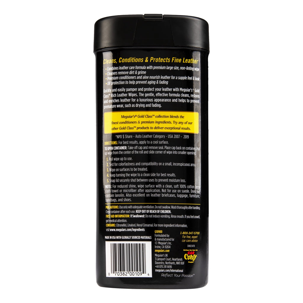 Meguiar's Gold Class Rich Leather Wipes, G10900, 30 Wipes