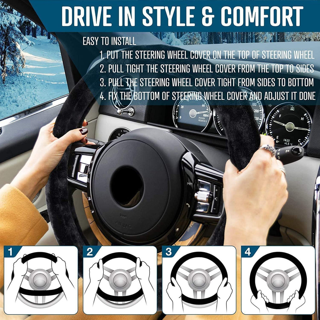 Zone Tech Classic Car Steering Wheel 12V Plush Heated Cover - Classic Black Upgraded Version Hand Warmer Ultra Comfortable 12V Elegant Design Vehicle Heated Wheel Plush Comfy Protector