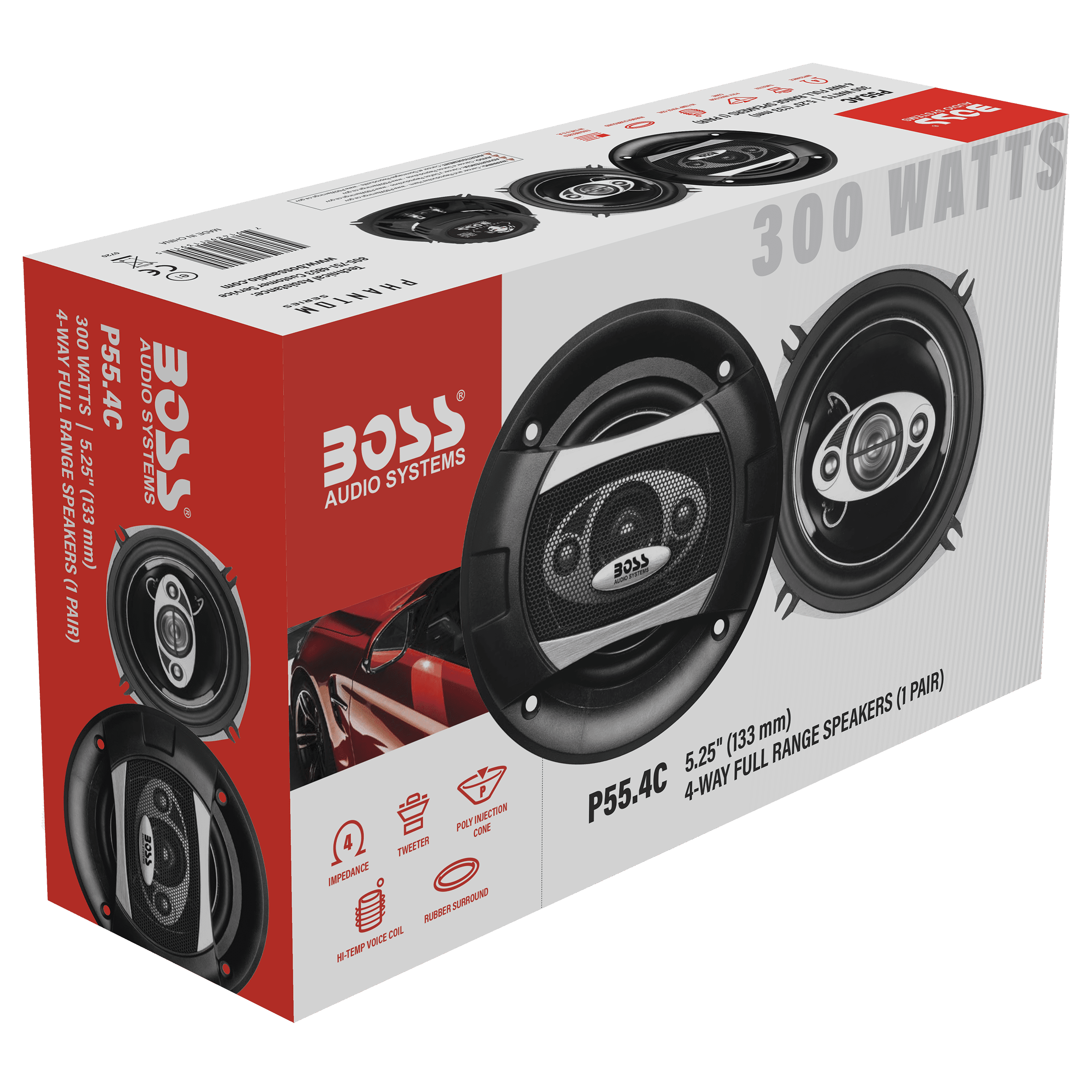 BOSS Audio Systems P55.4C Phantom Series 5.25 Inch Car Stereo Door Speakers - 300 Watts Max, 4 Way, Full Range Audio, Tweeters, Coaxial, Sold in Pairs