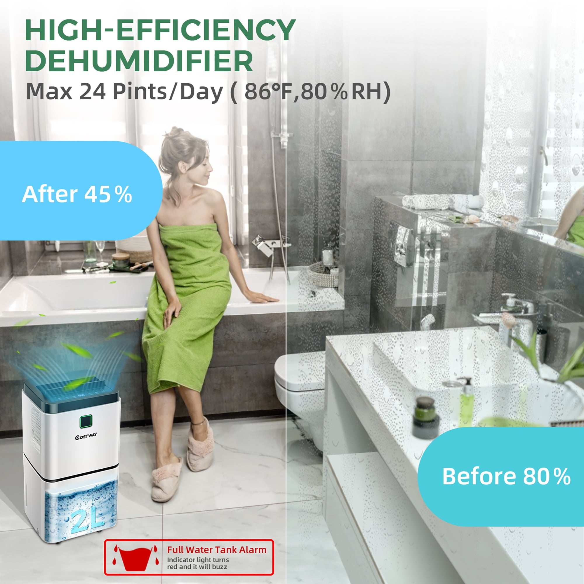 Costway 1500 Sq. Ft Portable 24 Pints Dehumidifier To Large Room with 3 Color LED Light