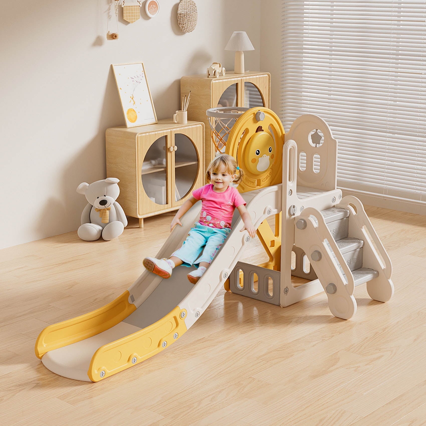 Suteck 5 in 1 Toddler Slide, Slide for Toddlers Age 1-3 with Basketball Hoop and Ball, Slide for Kids, Indoor Outdoor Backyard Playground Cute Duck Theme Baby Slide Toy Yellow
