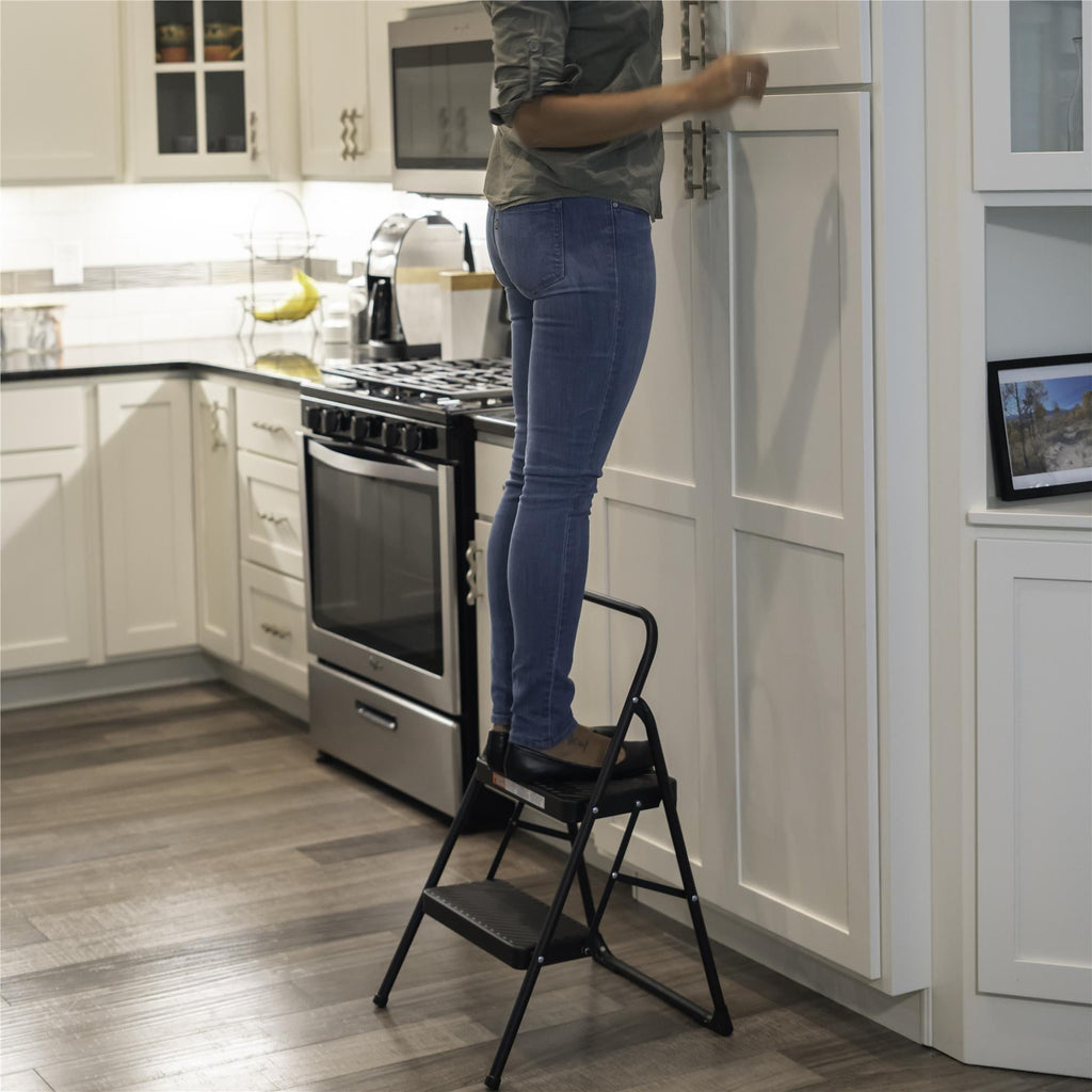 COSCO 2-Step Household Folding Steel Step Stool, All Black, 7ft 11in Reach Height