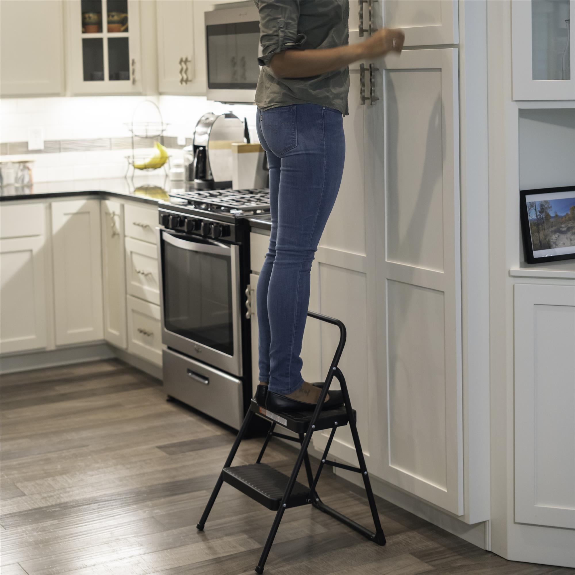 COSCO 2-Step Household Folding Steel Step Stool, All Black, 7ft 11in Reach Height