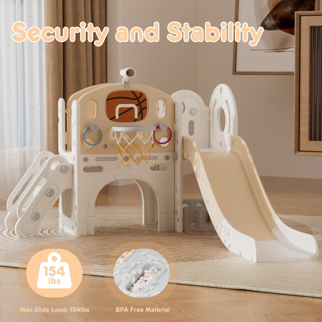 KORIMEFA 7-in-1 Kids Slide with Climber, Toddler Climber Slide Play Set with Basketball Hoop, Tunnel, Telescope and Storage Space, Indoor Outdoor Playground Slide
