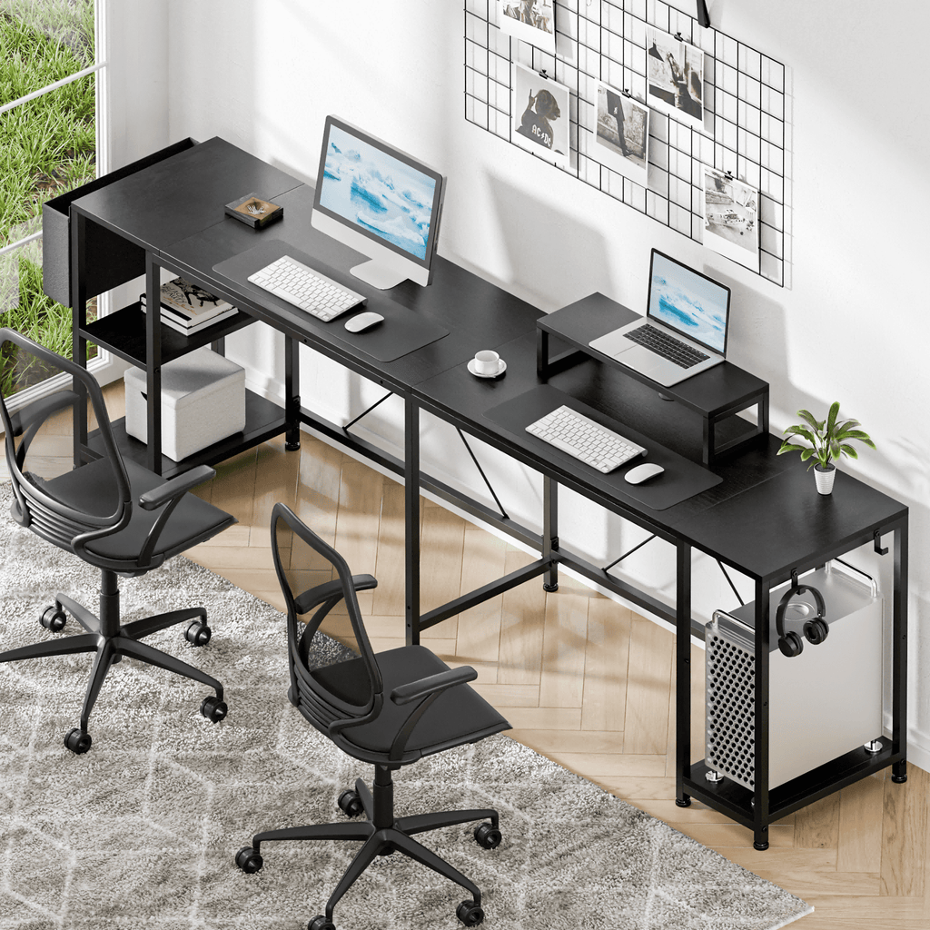 Lulive L-Shaped Computer Desk, 95" Reversible Computer Desk Office Desk with 3 Shelves/Monitor Stand/ Storage Bag/Hooks for Home Office, Black