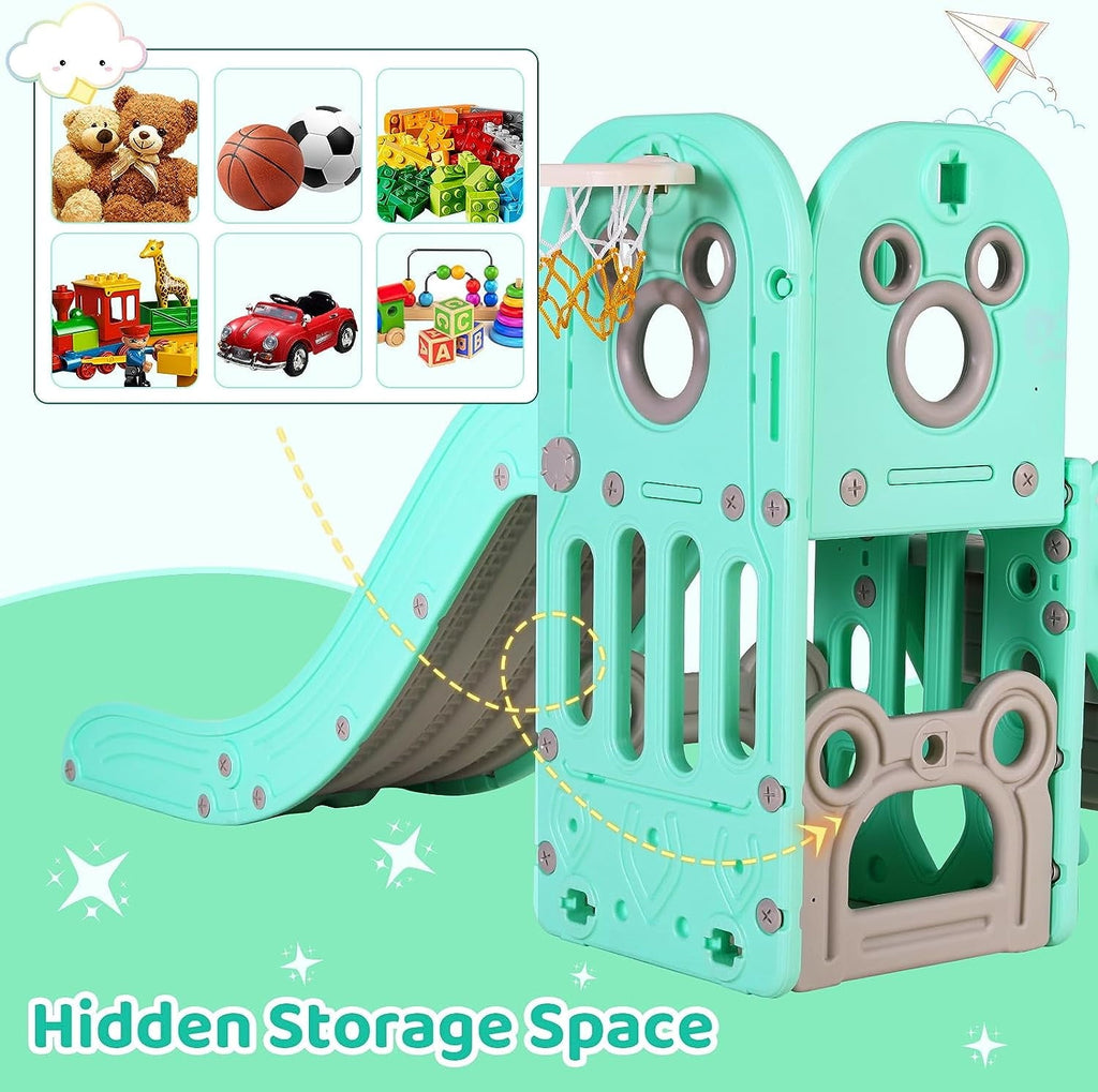 LAZY BUDDY Sturdy Kids Slide, 4 in 1 Toddler Slide and Climber Playset with Basketball Hoop & Storage Space, Non-Slip Steps, Indoor Outdoor Toys for Boys Girls