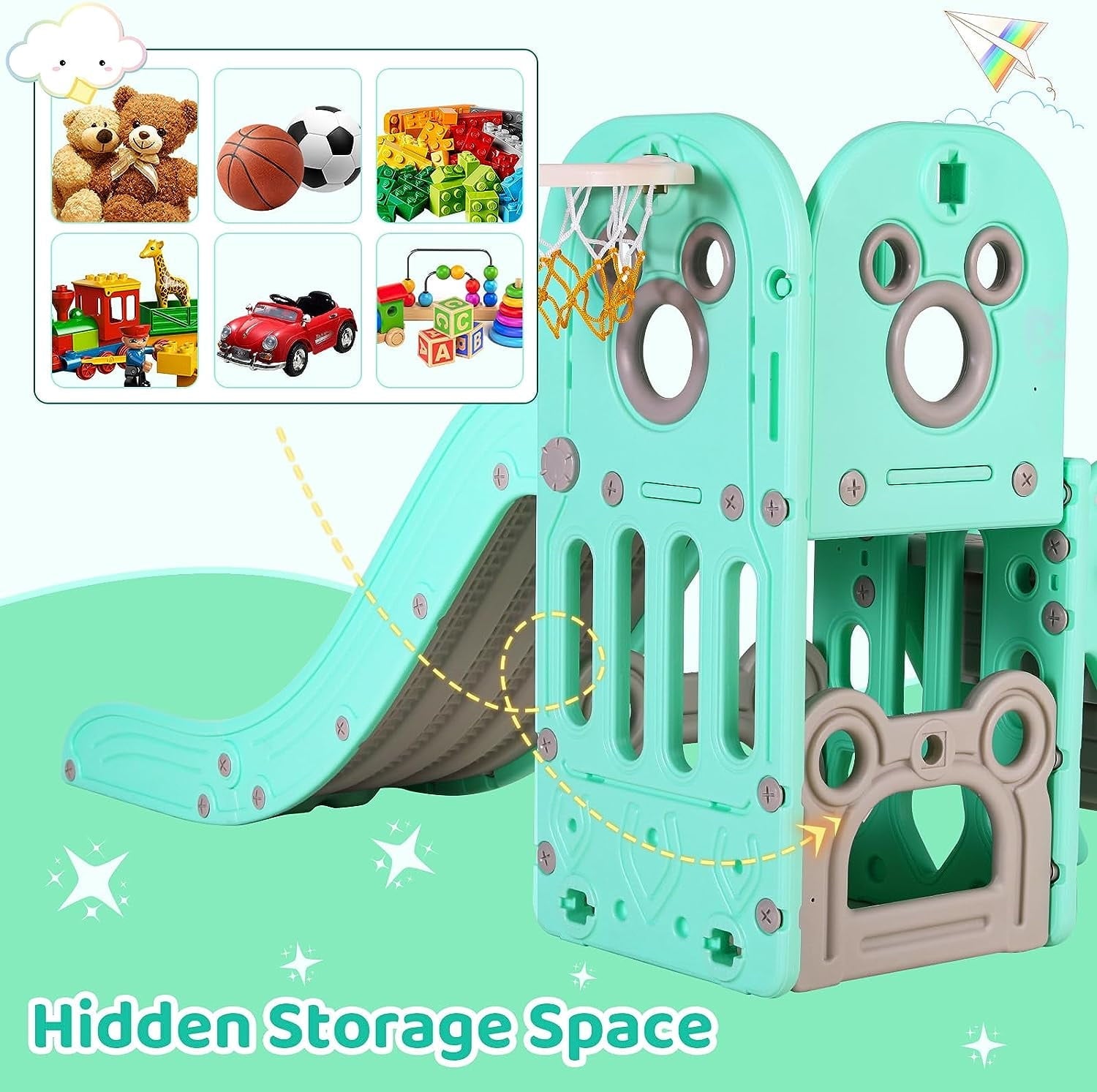 Arlopu Large Kids Slide, 4 in 1 Sturdy Toddler Slide Climber Playset with Basketball Hoop & Ball, Storage Space and Non-Slip Steps, Indoor Outdoor Toy for Children 1 Years +