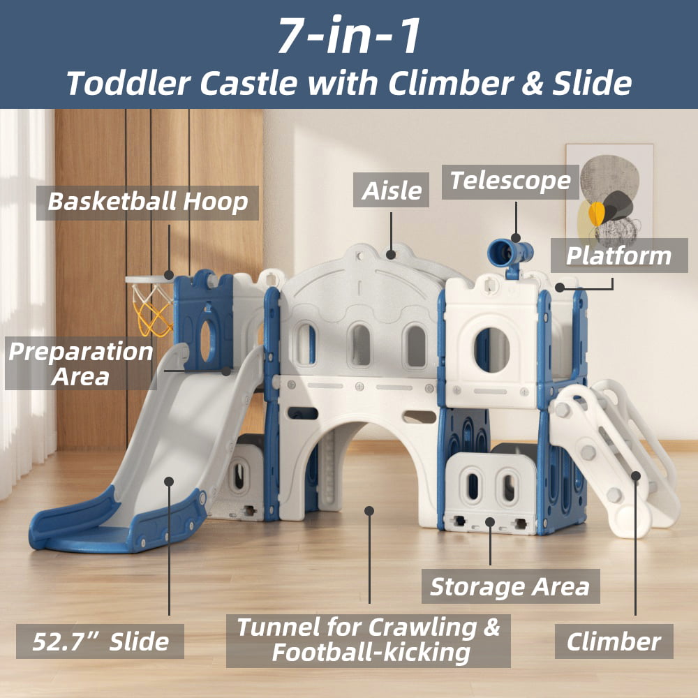 KORIMEFA 8 in 1 Kids Slide Set with Climber, Toddler Climber Slide Play Set with Basketball Hoop, Tunnel, Toddler Playground Outdoor Indoor layground Slide Playset Age 1+