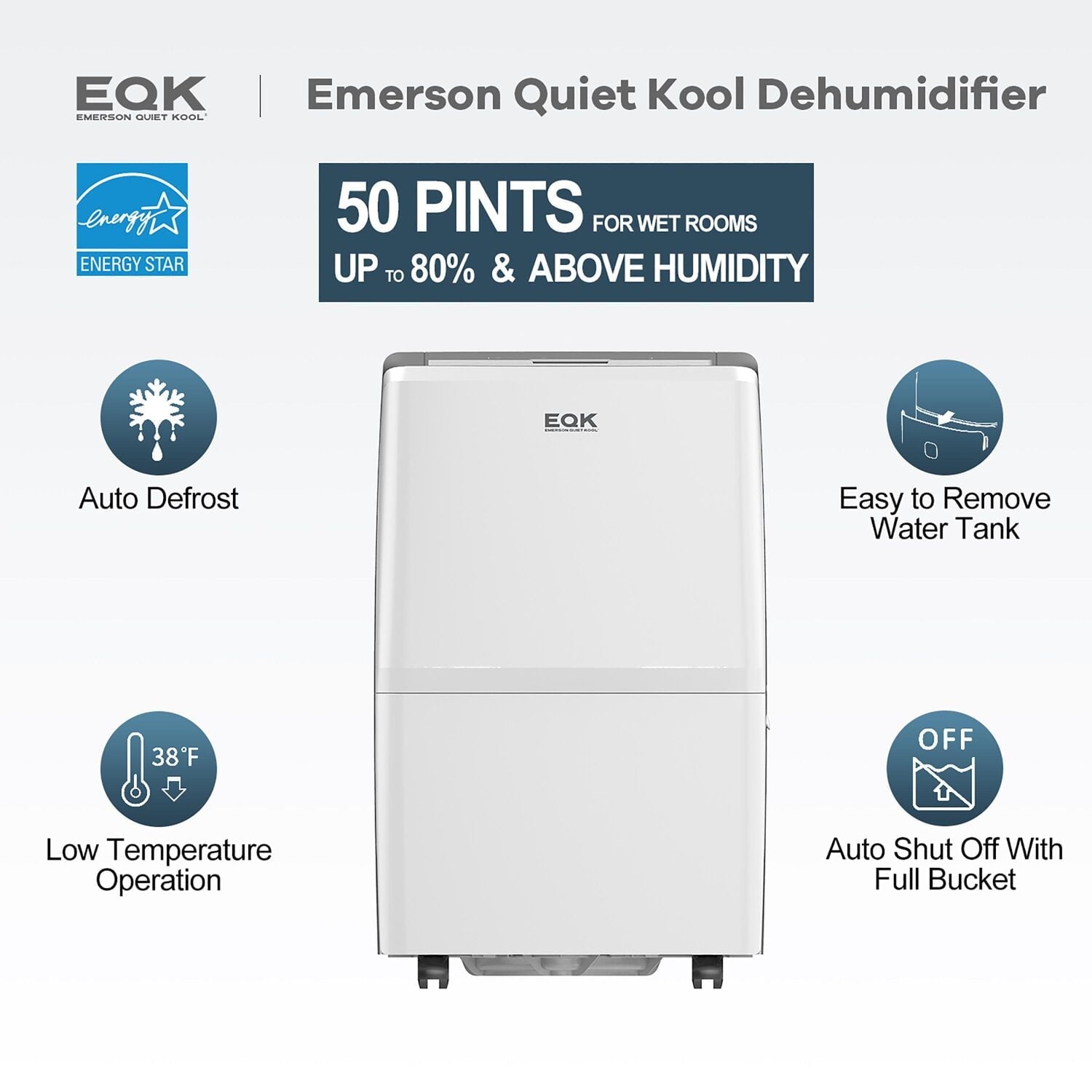 Emerson Quiet Kool 50 Pint Dehumidifier for Rooms Above 80% Humidity