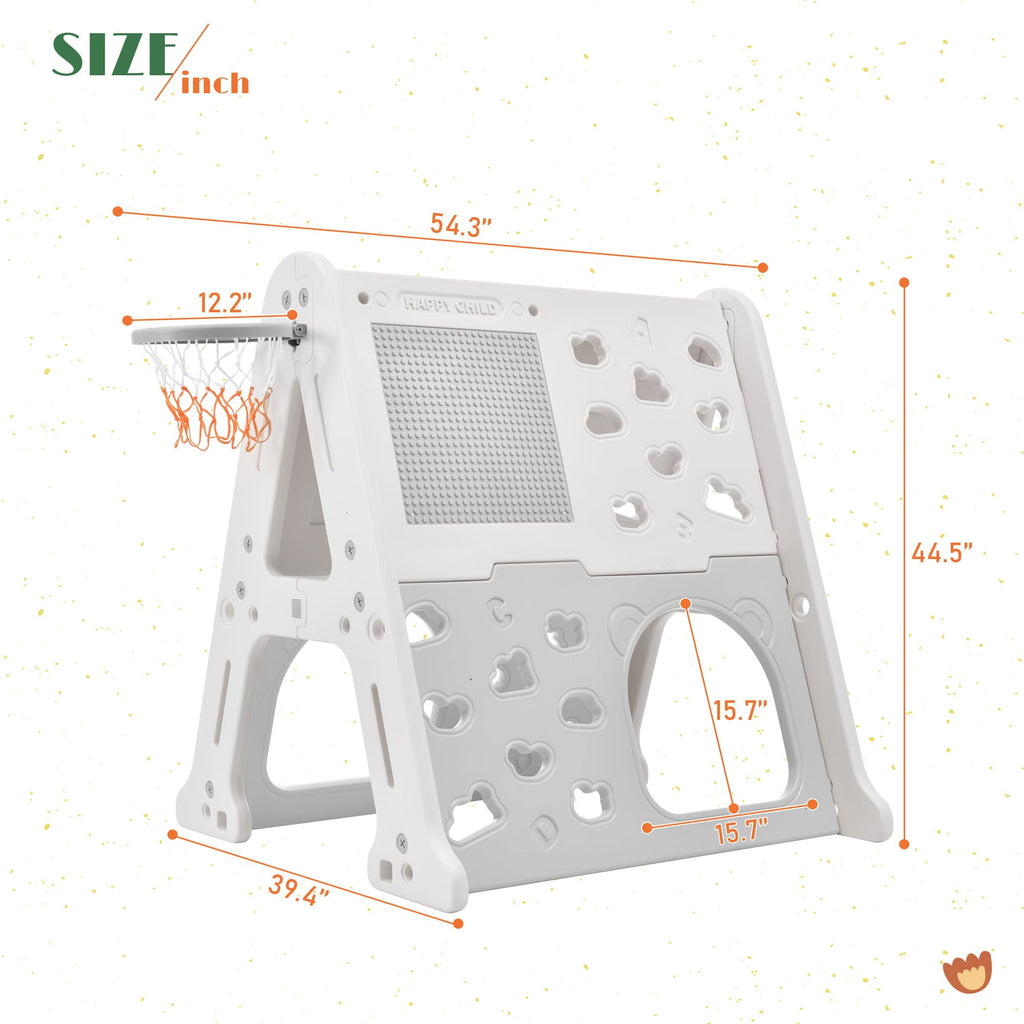 DORROM 5-in-1 Toddler Basketball Hoop Set, Kids Playground Climber Playset with Tunnel, Climber, Whiteboard,Toy Building Block Baseplates, Combination for Babies