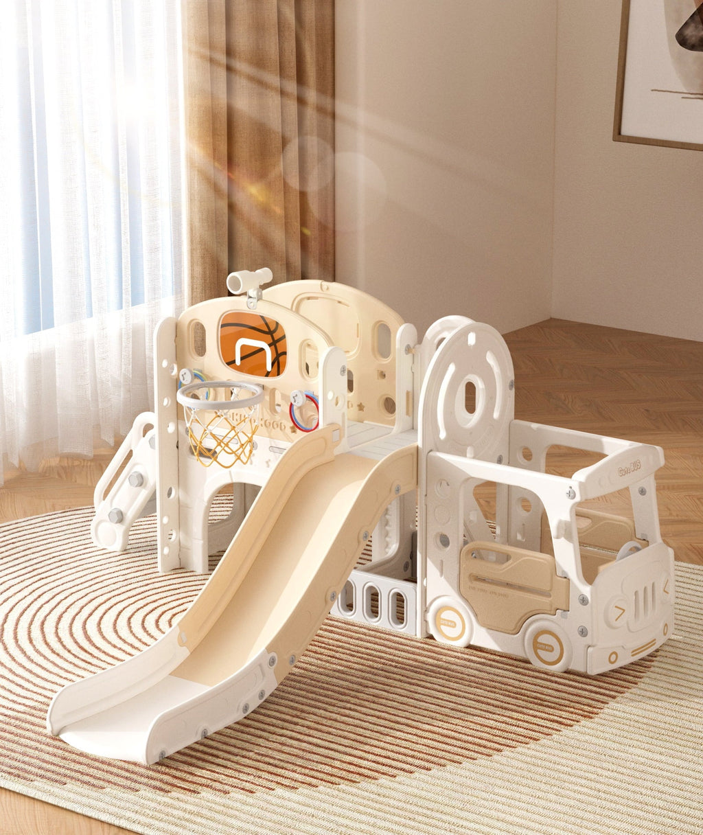 XJD 10 in 1 Toddler Slide, Kids Slide for Toddlers Age 1-3, Toddler Play Climber Slide Playset with Basketball Hoop and Ball, Toddlers Outdoor Indoor Playground(Beige+Coffee)