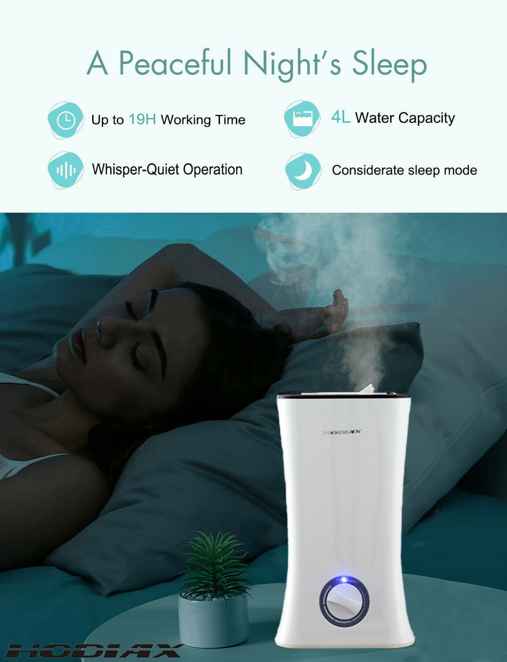 Hodiax 4L Cool Mist Ultrasonic Humidifier 30W Top Filling LED Light Essential Oil Addible 360 degree Nozzle Diffuser for Beauty Salon SPA Yoga Bedroom Living room Reception Center