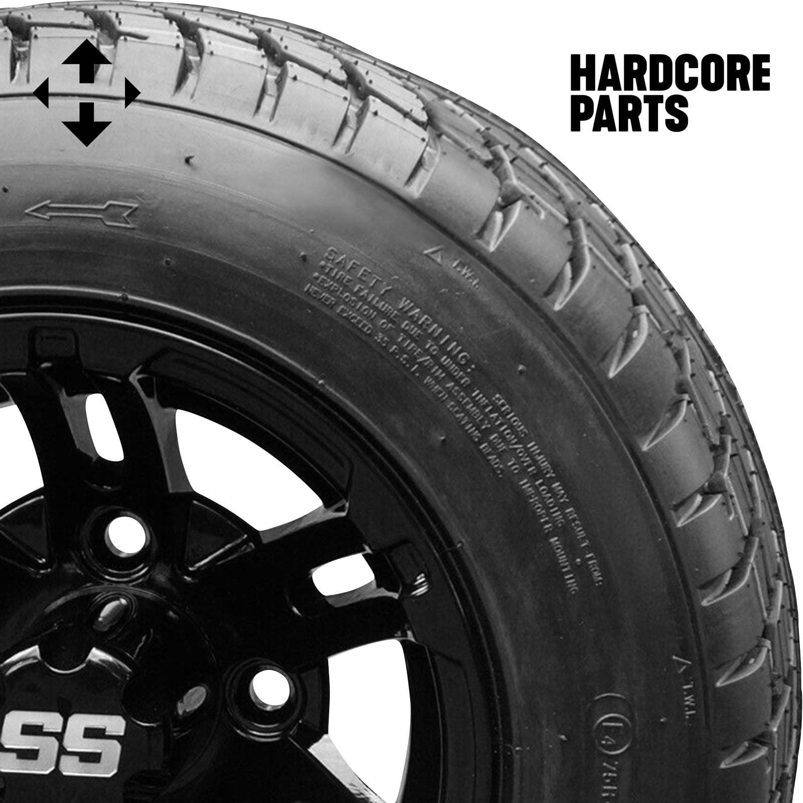Hardcore Parts 10" Black 'BULLDOG' Golf Cart Wheels and 205/50-10 (18"x8"-10") DOT rated Low Profile tires - Set of 4, includes Black 'SS' center caps and 1/2x20 Black lug nuts