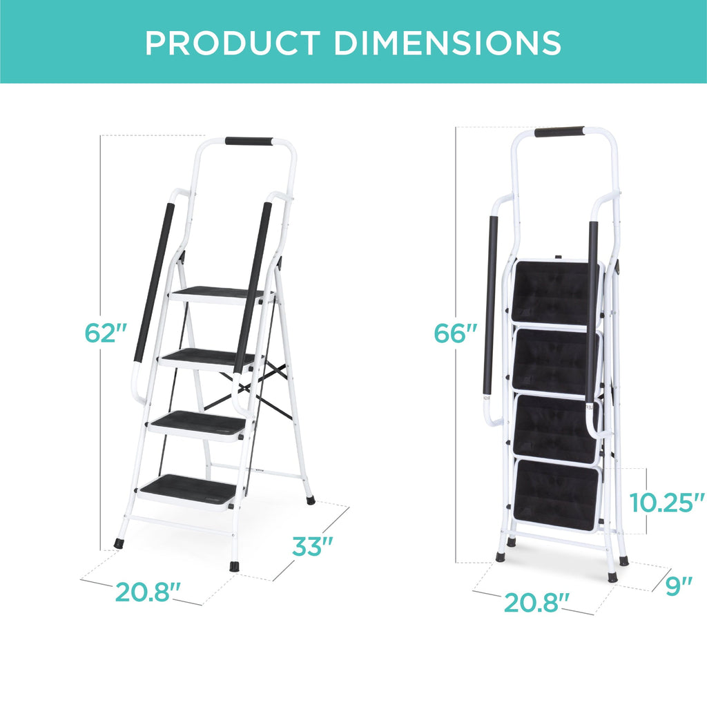 Best Choice Products 4-Step Portable Folding Anti-Slip Steel Ladder w/ Handrails, Attachable Tool Bag