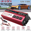 1000W Power Inverter Car Converter Adapter, 500W DC 12V to AC 110V Pure Sine Wave Solar Converter