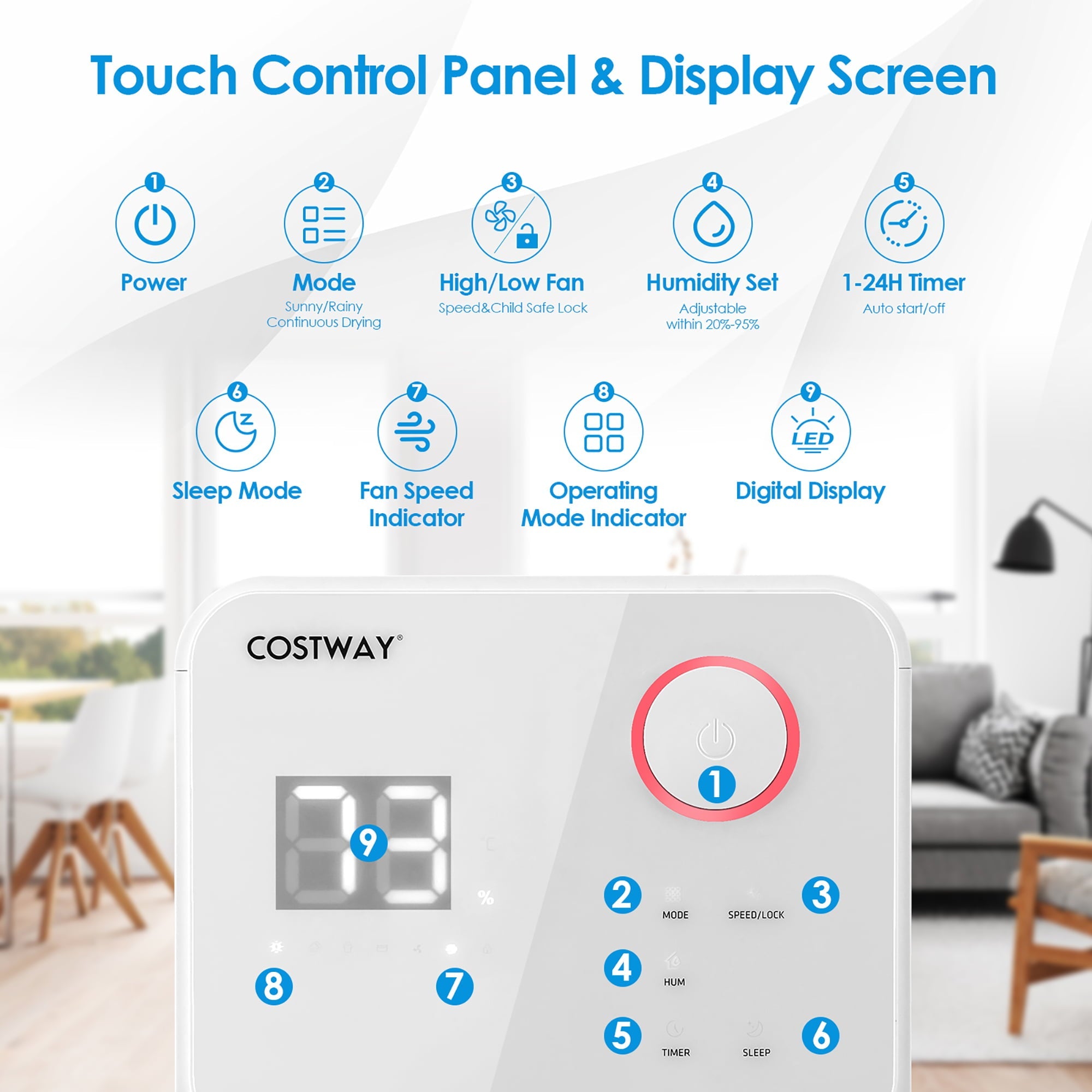 Costway 32 Pints 2000 Sq. Ft Dehumidifier for Home & Basements w/3-Color Digital Display