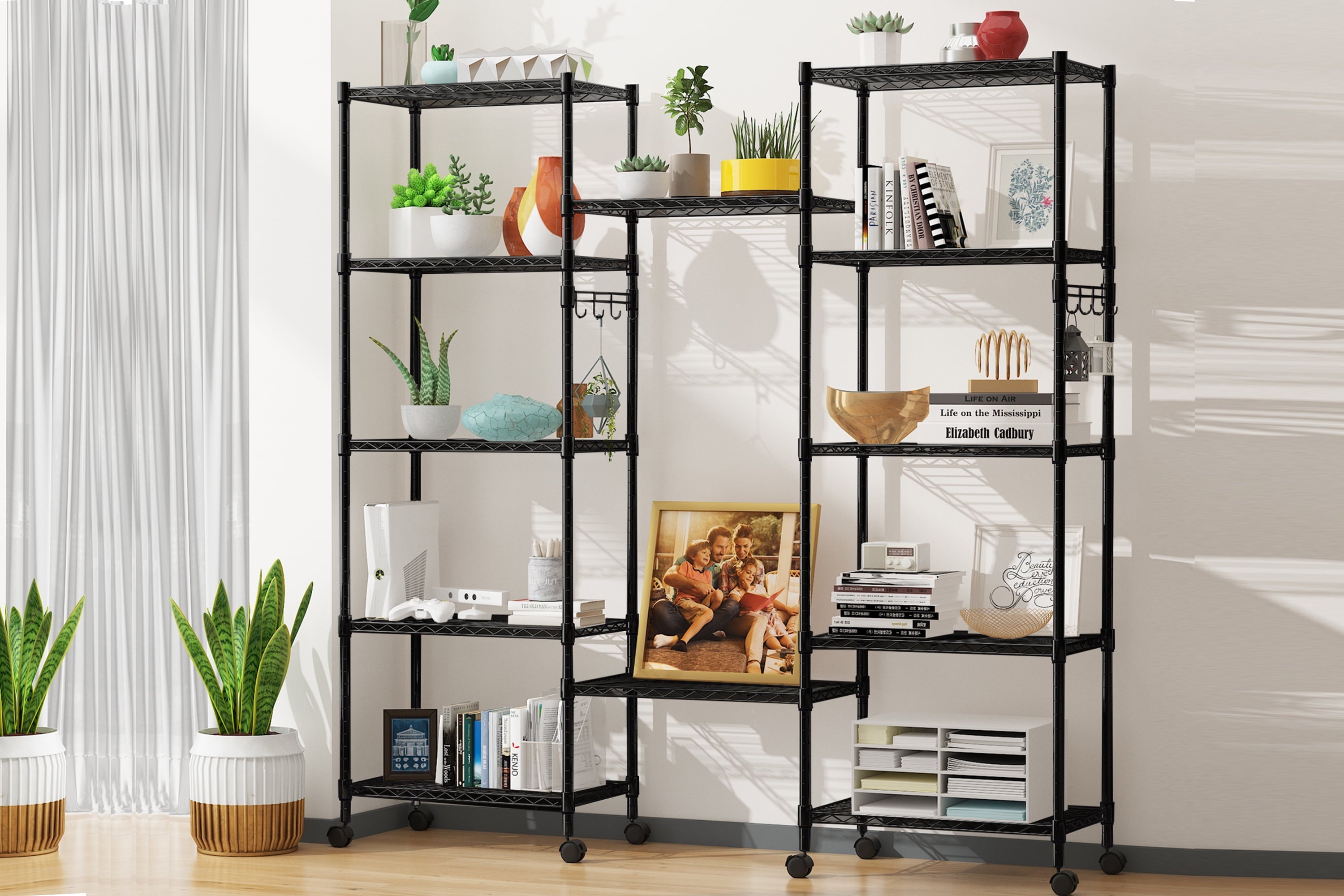 6-Tier Wire Shelving Unit Storage Rack Metal Shelf Organizer with 6 Hooks for Kitchen Bathroom Garage Balcony 21.26" x 11.42" x 62.99"