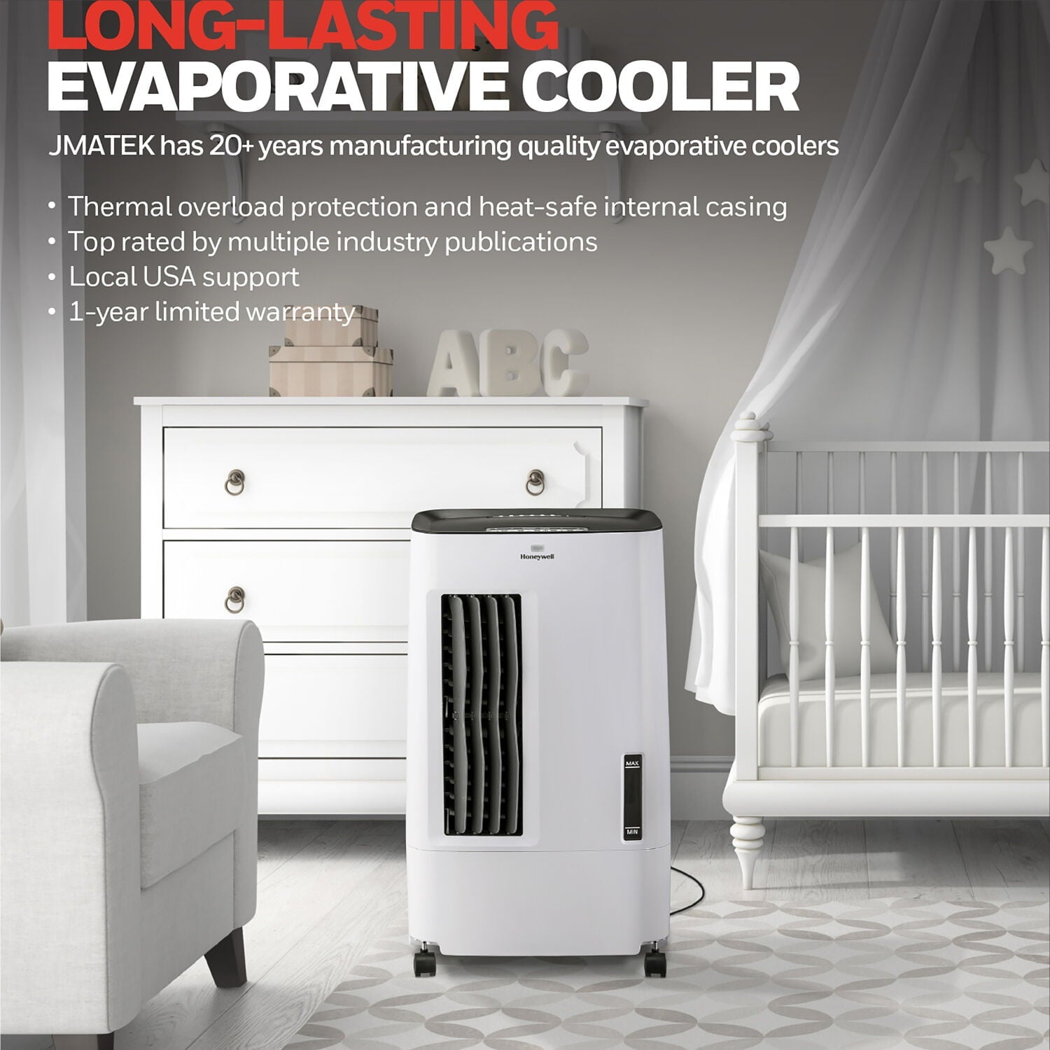 Honeywell 176 CFM Indoor Evaporative Air Cooler (Swamp Cooler) with Remote Control in White/Gray