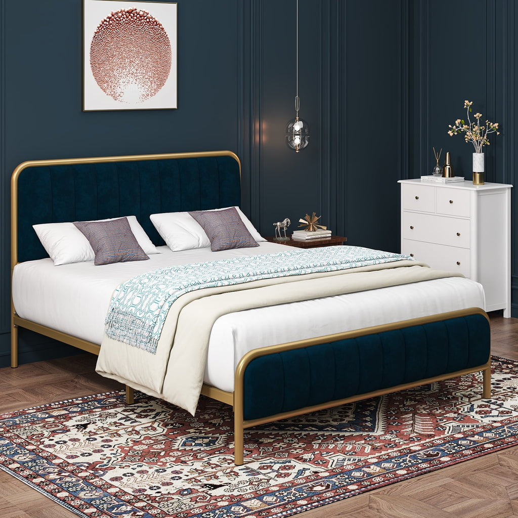 Homfa King Size Bed Frame, Round Metal Tube Heavy Duty Bed Frame with Tufted Upholstered Headboard, Gold and Blue