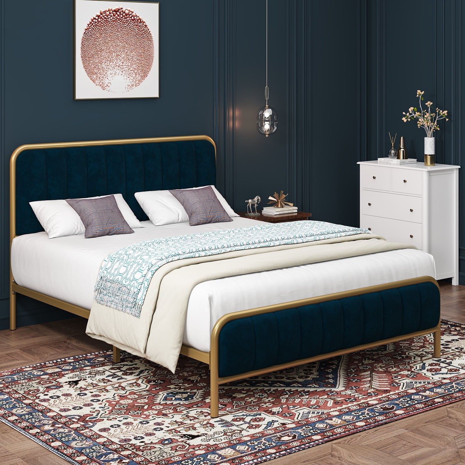 Homfa King Size Bed Frame, Round Metal Tube Heavy Duty Bed Frame with Tufted Upholstered Headboard, Gold and Blue
