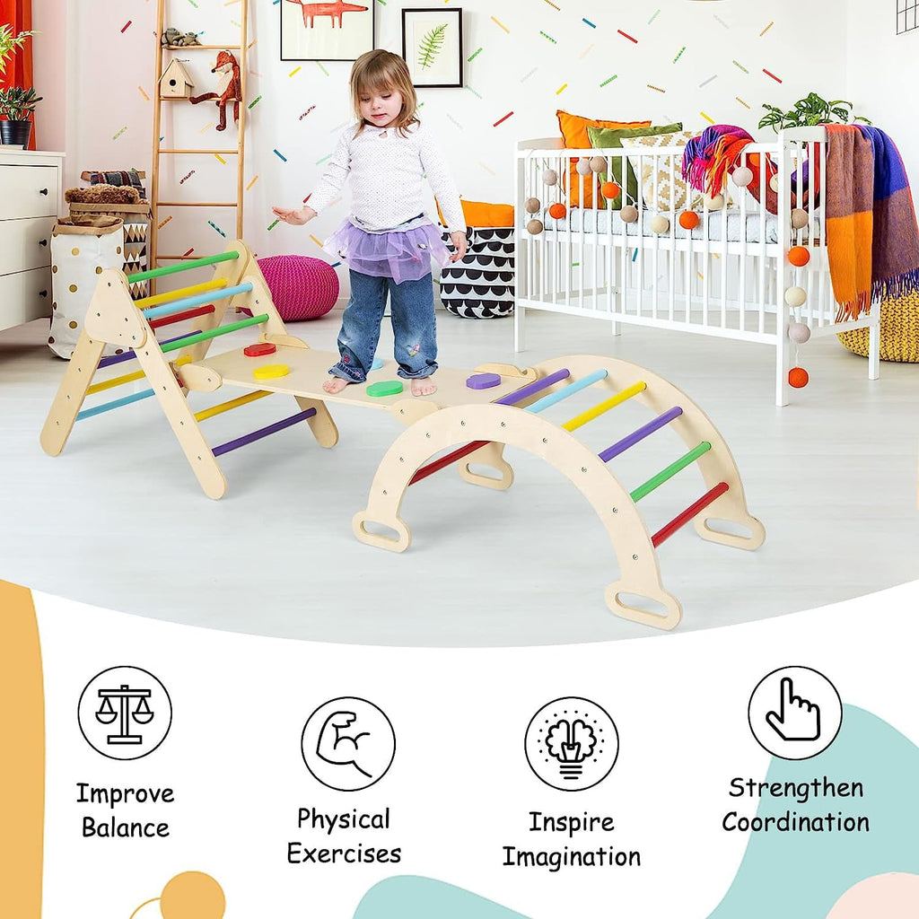 OLAKIDS Climbing Triangle Set, 5 in 1 Kids Wooden Montessori Climber Toy with Ramp Ladder Arch Slide for Gym Playground, Indoor Outdoor Climb Activity Jungle Play Structure for Toddlers 1-3