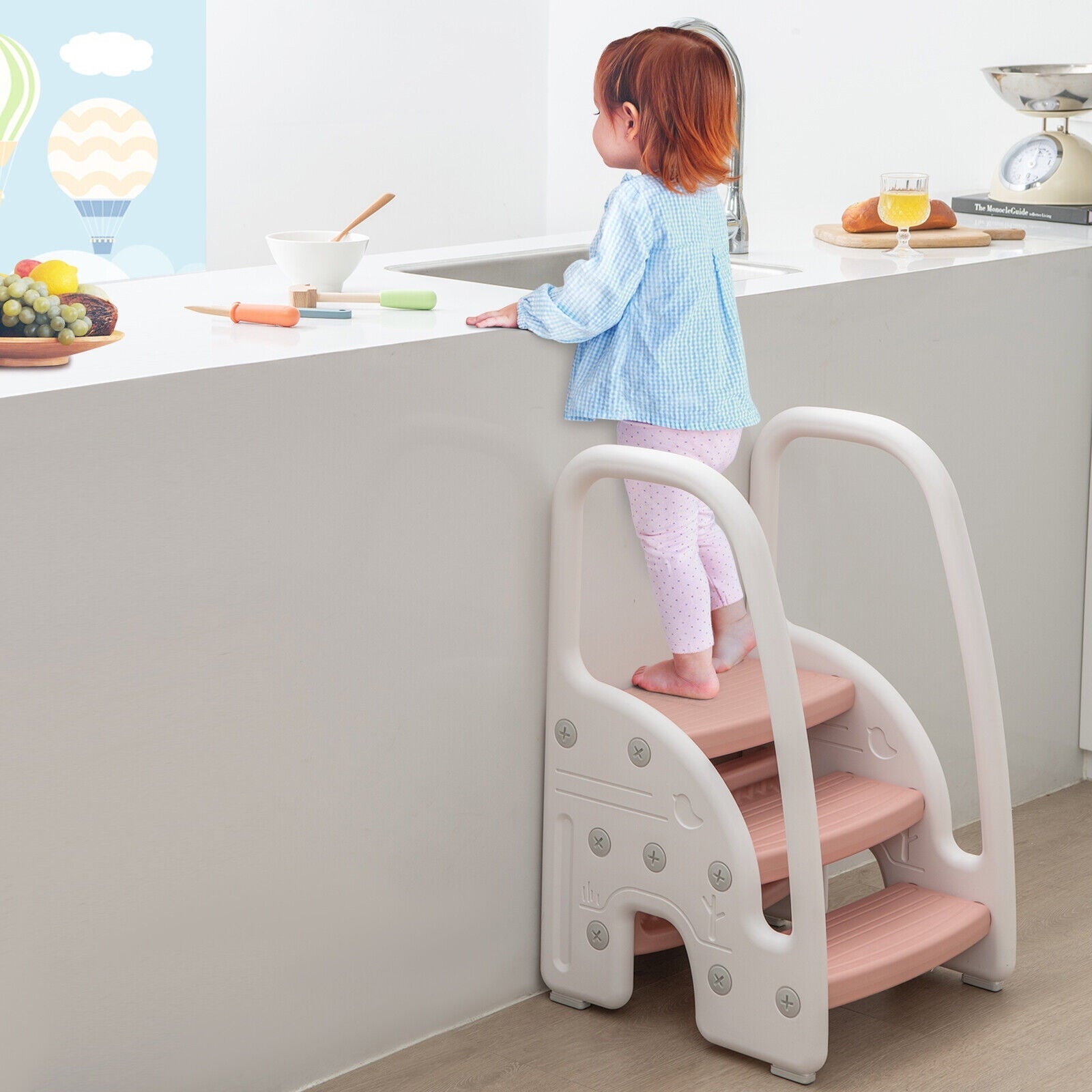 Exdeerjoy Kids 3-Step Stool, Toddler Stepping Stool with Handles, Plastic Learning Helper Stool Pink