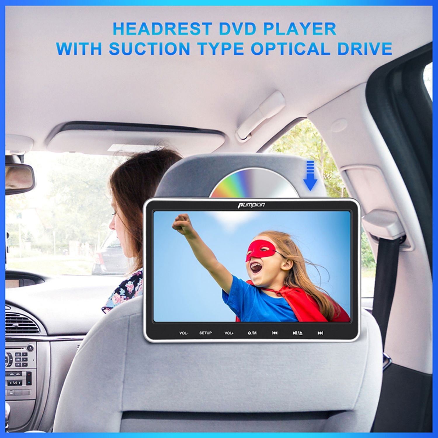 Pumpkin 10.1” Dual Headrest DVD Players for Car with Headphones, 2 Mount Brackets HDMI Input Region Free Last Memory