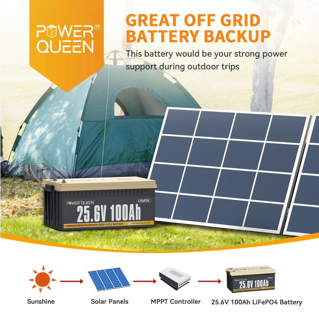 Power Queen 24V 100Ah LiFePO4 Deep Cycle Lithium Battery 2560Wh 100A BMS for Solar RV Boat