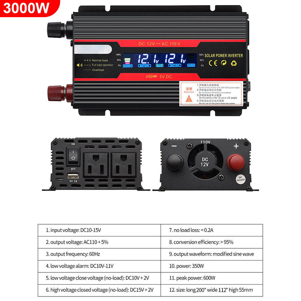 JahyShow 3000W/4000W(Peak) Car Power Inverter DC 12V to 110V AC Converter with LCD Display Outlets and Dual USB Car Charger for Car Home Laptop Truck