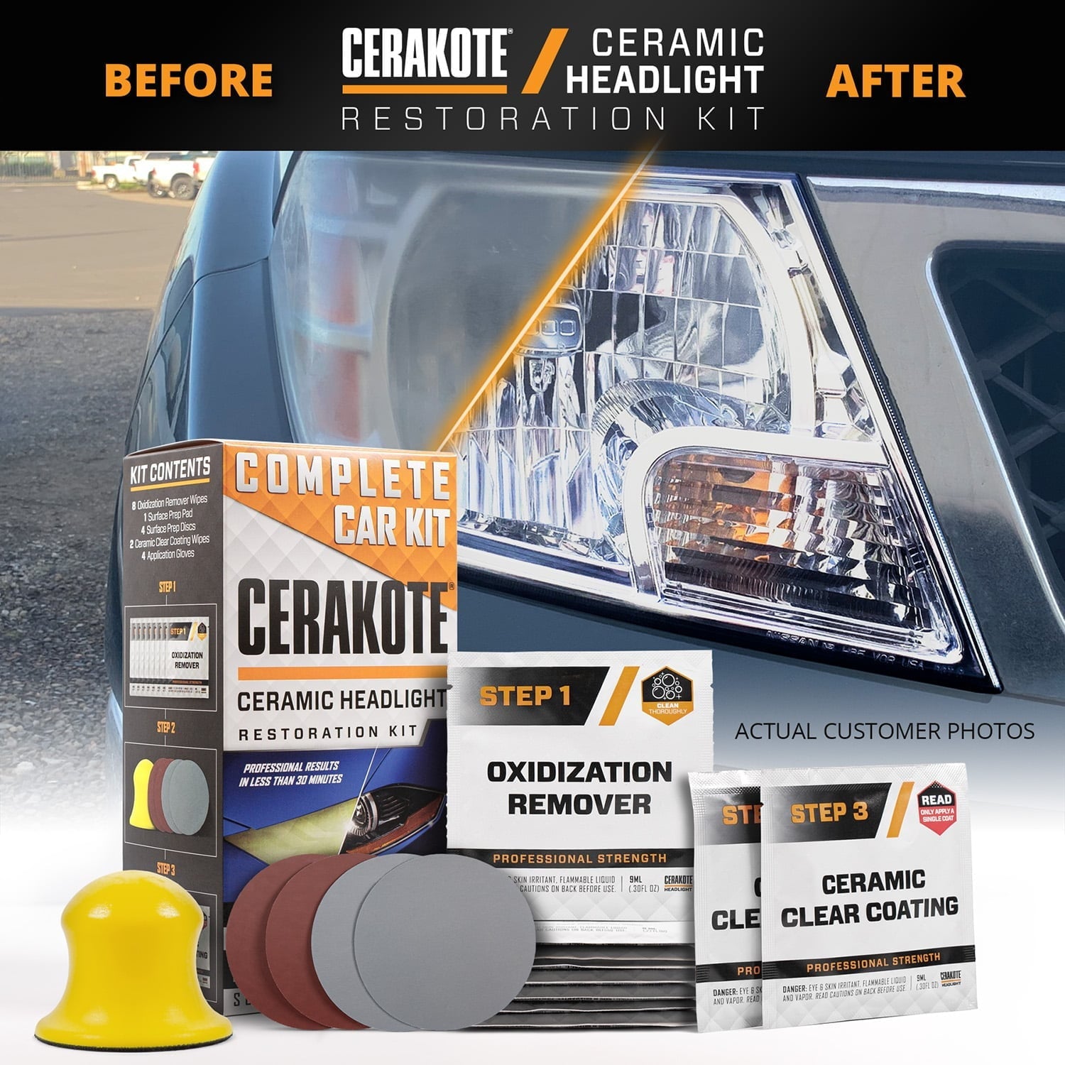 Cerakote Ceramics Headlight Restoration Kit - Last as Long as You Own Your Vehicle - Brings Headlights back to Like New Condition - 3 Easy Steps - No Power Tools Required