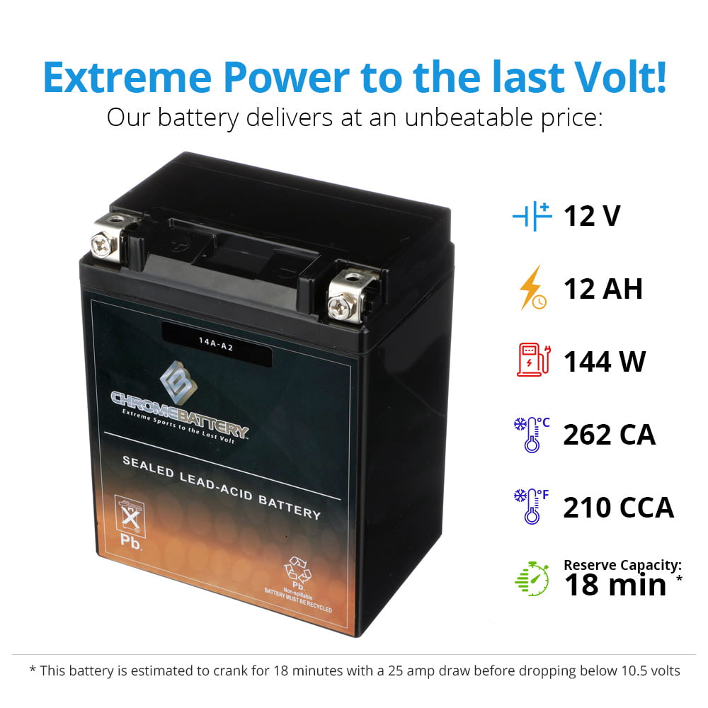 Chrome Battery Yb14A-A2 High Performance - Maintenance Free - Agm Motorcycle Battery