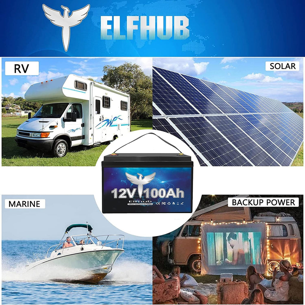 Elfhub 12v 100Ah LifePo4 Battery 7000 Deep Cycles with BMS Lithium Iron for RV Campers Solar Marine Caravans Golf Carts Boat Fishing
