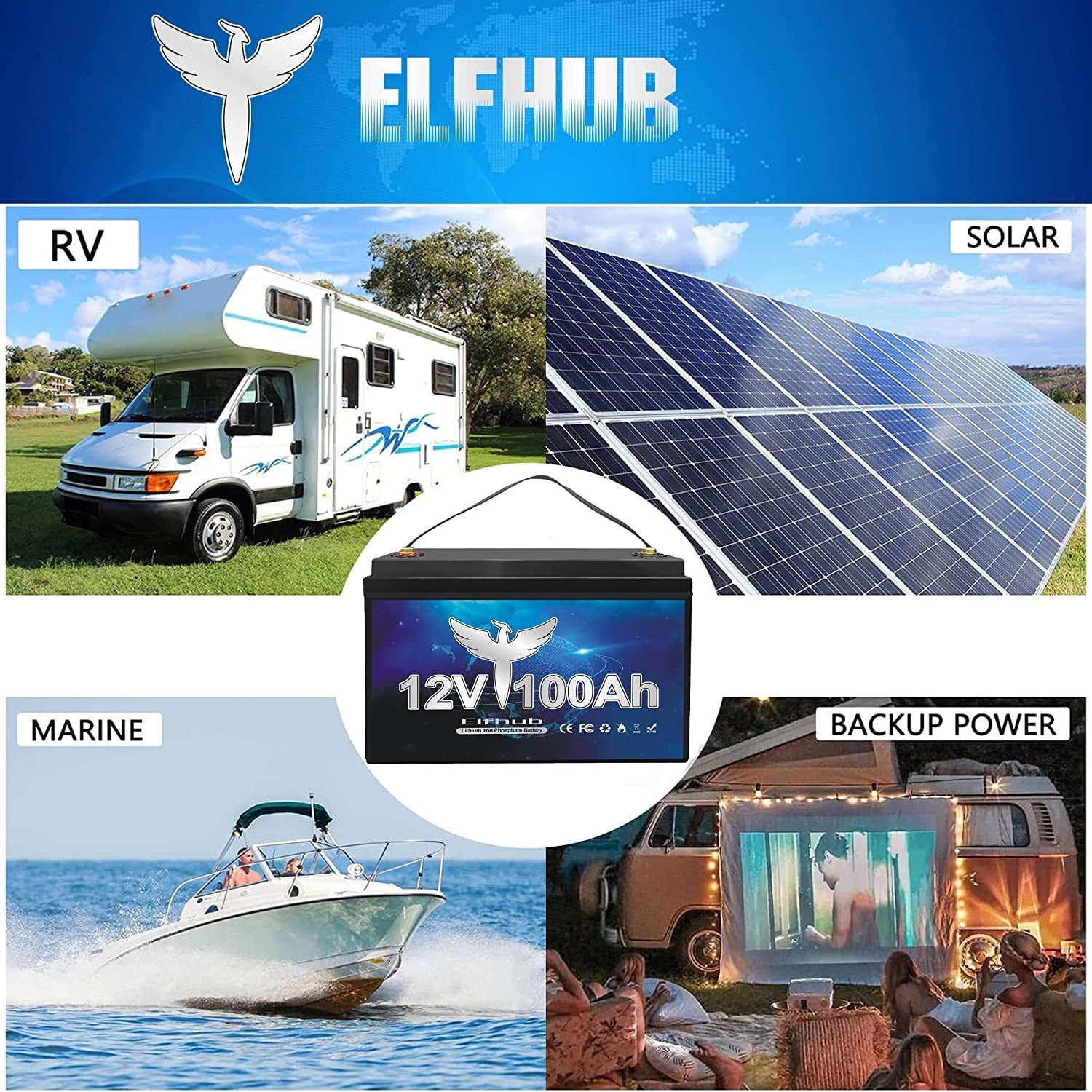 Elfhub 12v 100Ah LifePo4 Battery 7000 Deep Cycles with BMS Lithium Iron for RV Campers Solar Marine Caravans Golf Carts Boat Fishing