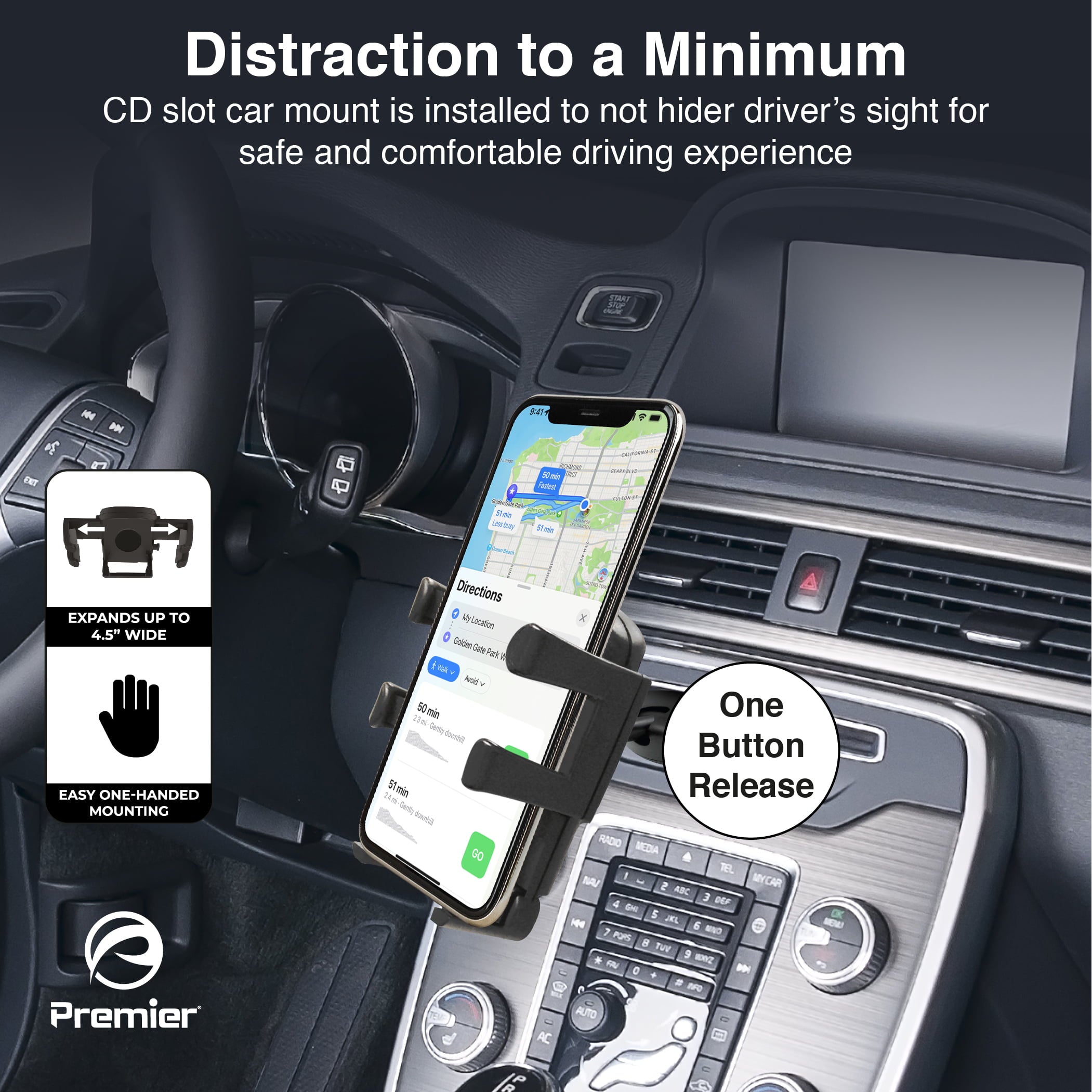 Premier CD Slot Phone Mount and Holder with Expandable Grip for all Mobile Devices, Black