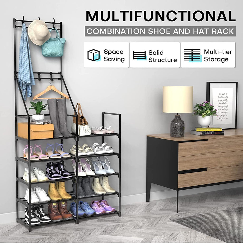 Shoe Organizer, 5-Tier Coat and Shoe Rack, 24-30 Pairs Shoes Boots Organizer for Entryway, Plastic