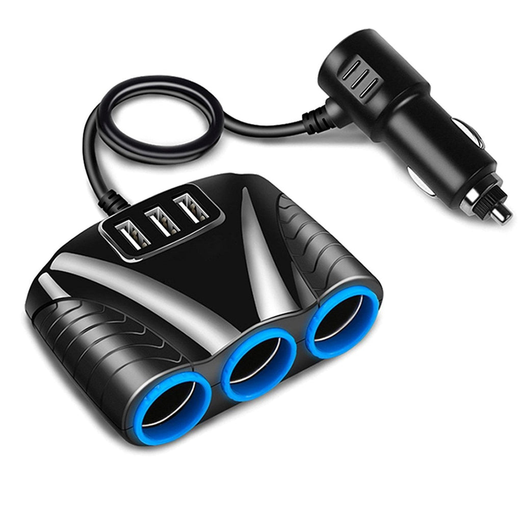 120W 3-Socket 3 USB Charging Port Cigarette Lighter Splitter, EEEkit Car Charger Power Adapter with Blue LED Light, DC 12V/24V Multi-Power Outlet Fit for GPS, Dash Cam, Smart Phones, iPad