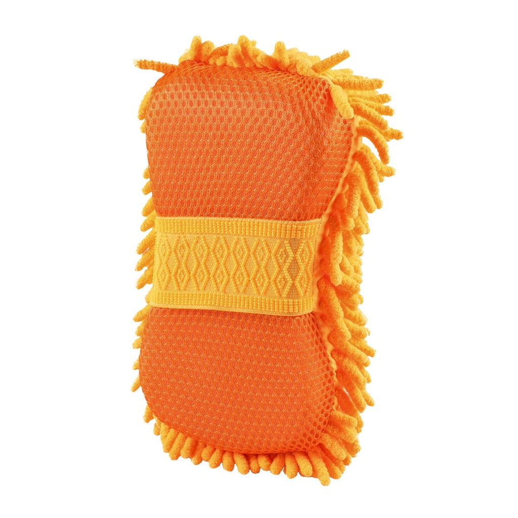 Mrcartool Car Wash Sponge Mitt, Chenille Microfiber Firwood Scratch-Free Highly Absorbent Washing Sponge Cleaning Tool with Handle Strap, Orange