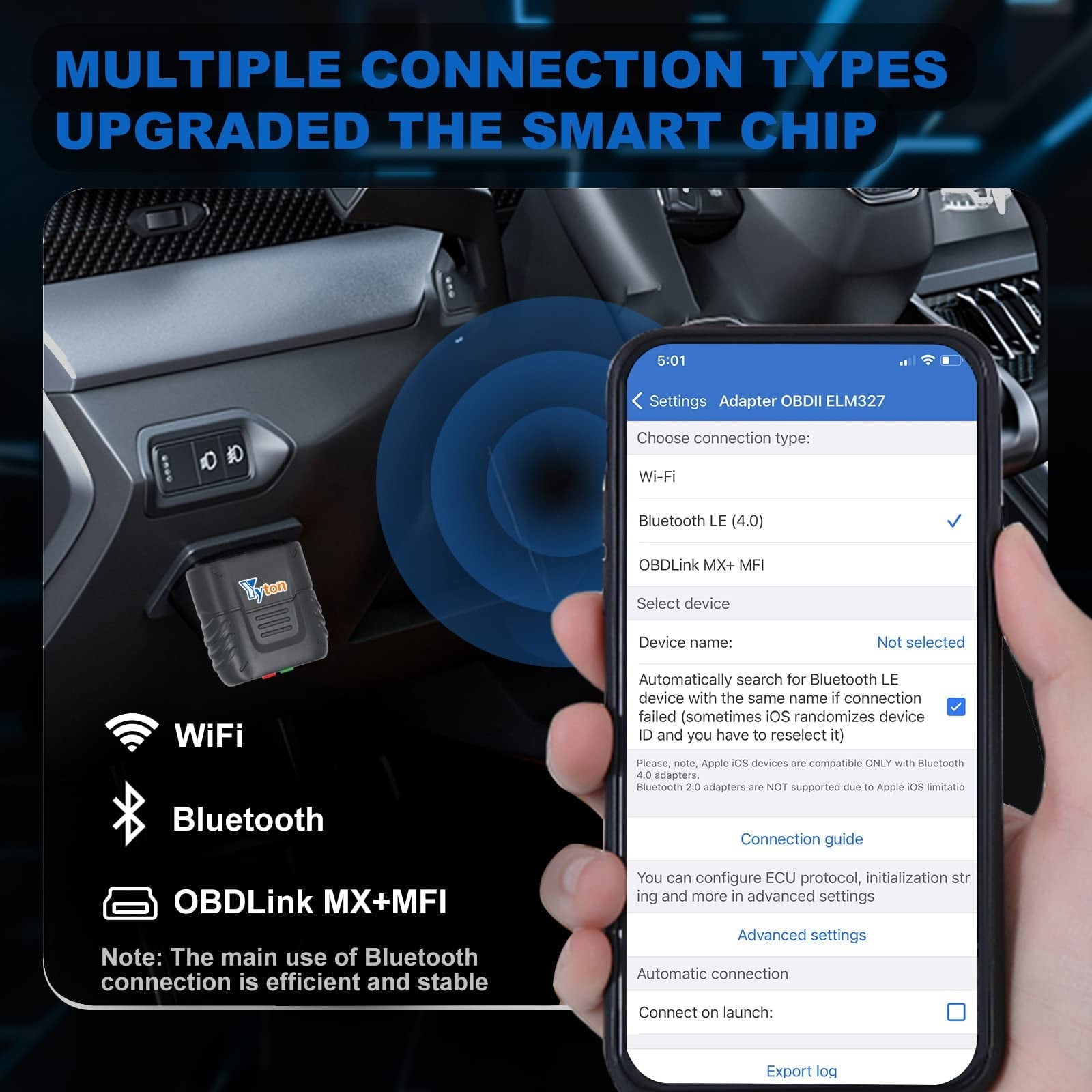 OBD2 Scanner Bluetooth, Yyton Car Code Reader for iPhone/Android/Windows, Car Diagnostic Scan Tool Check Engine Light, Car Scanner with Read Code&Emissions Test&Live Sensor Data