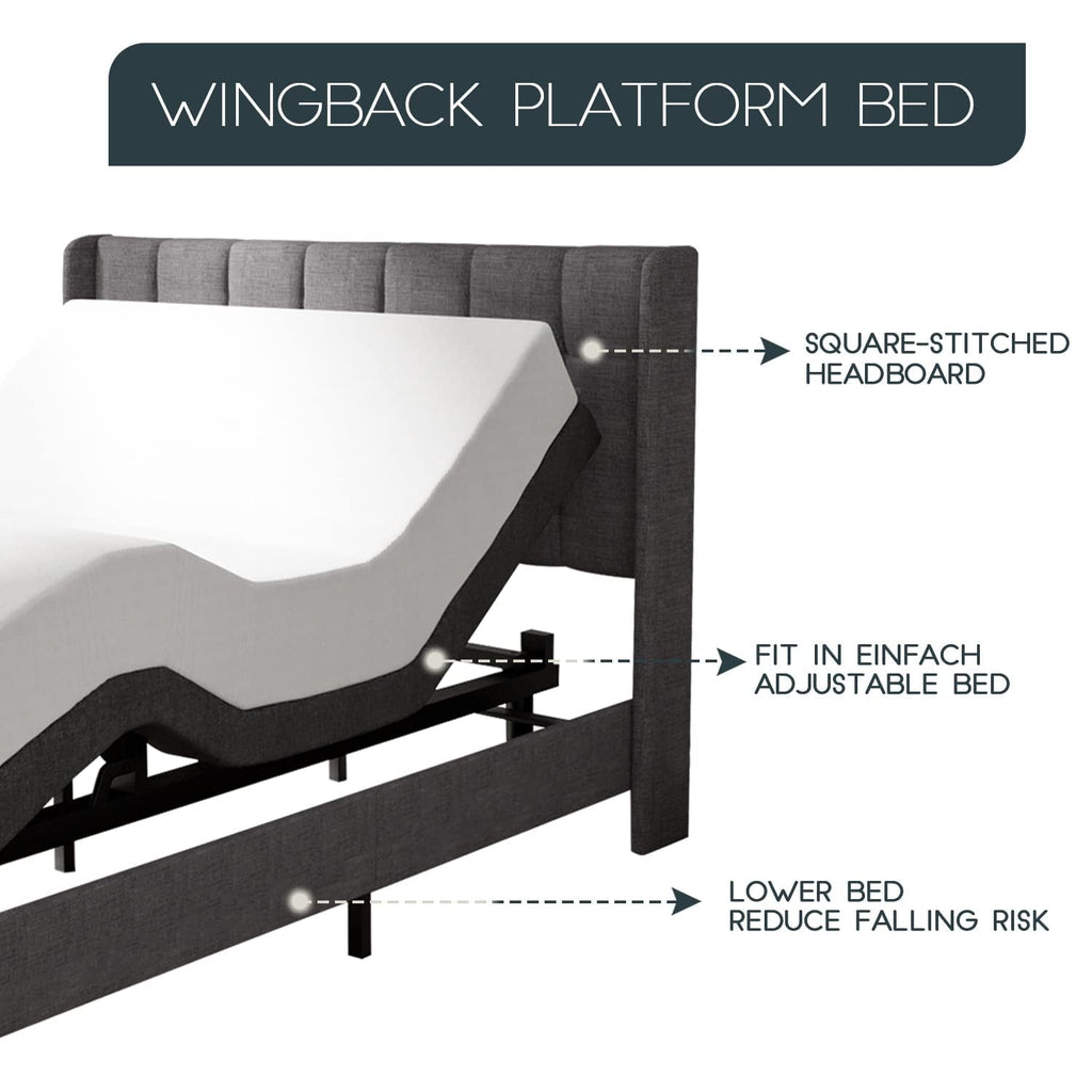 Einfach Queen Platform Bed Frame with Upholstered Wingback Linen Fabric Square Stitched Headboard, Dark Grey