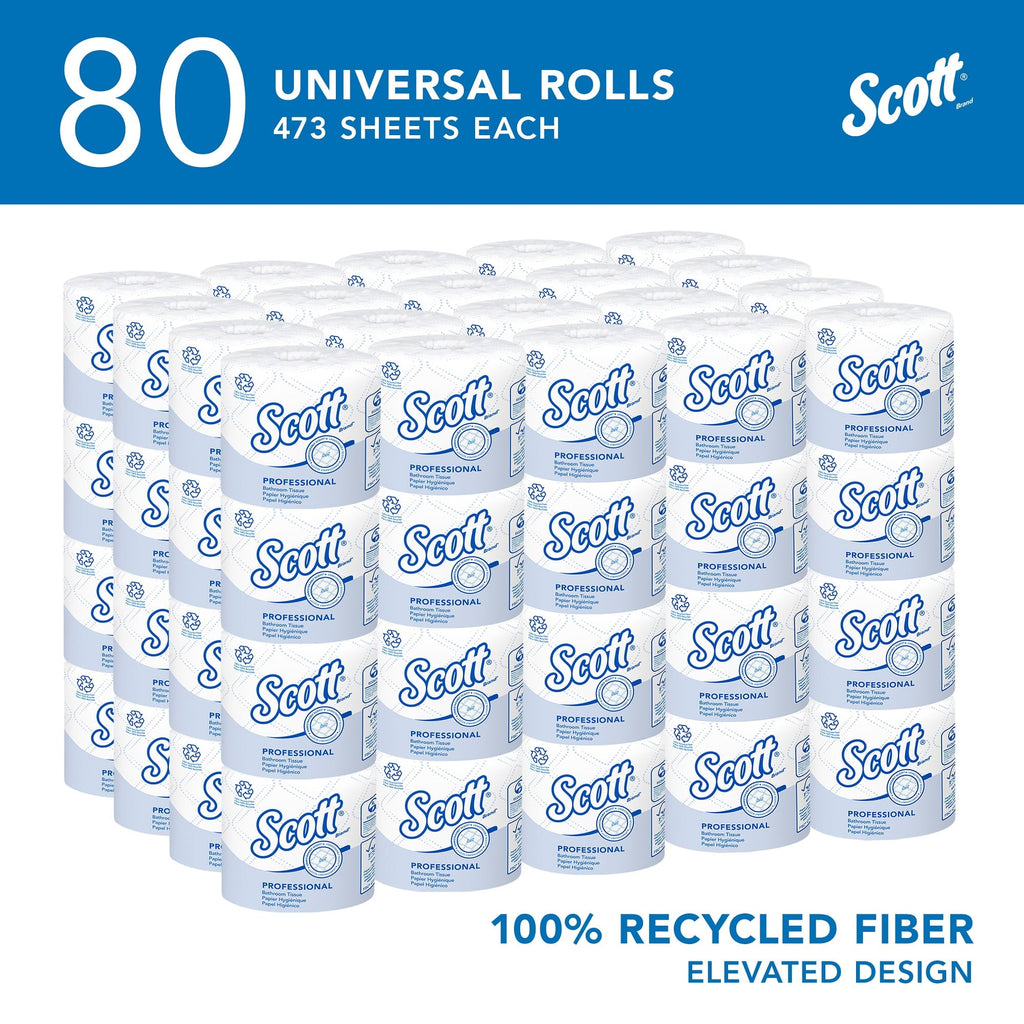 Scott Professional 100% Recycled Fiber Standard Roll Toilet Paper (13217), with Elevated Design, 2-Ply, White, Individually wrapped rolls, (473 Sheets/Roll, 80 Rolls/Case, 37,840 Sheets/Case)