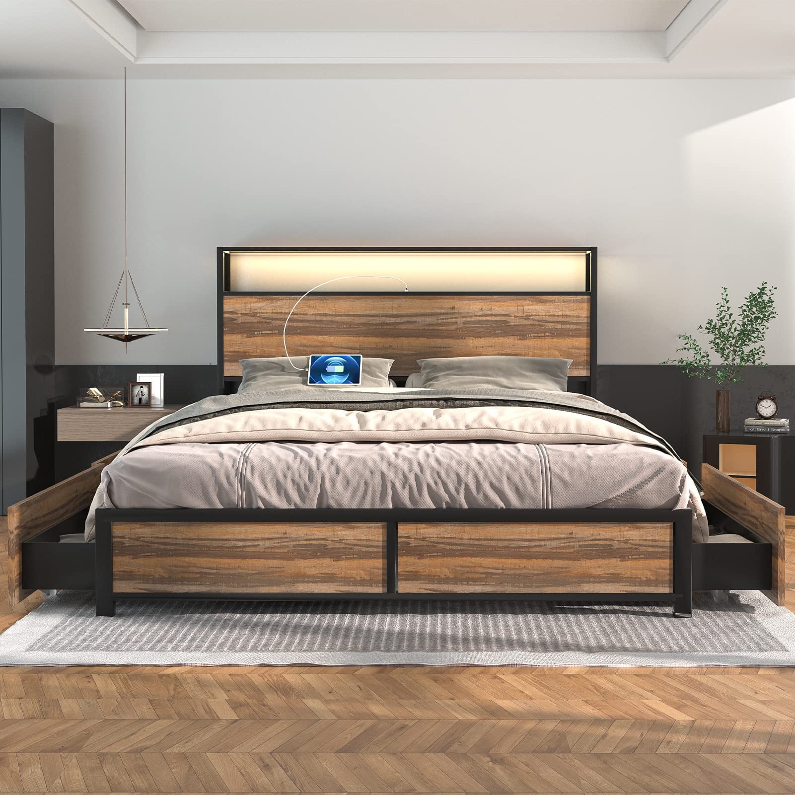 Queen Size Bed Frame with LED Lights Headboard & Storage Drawers - Metal Platform Bed with Power Outlet and USB Ports(Brown-Queen)