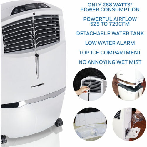 Honeywell 525-729CFM Portable Evaporative Cooler, Fan & Humidifier with Ice Compartment & Remote, CL30XCWW, White