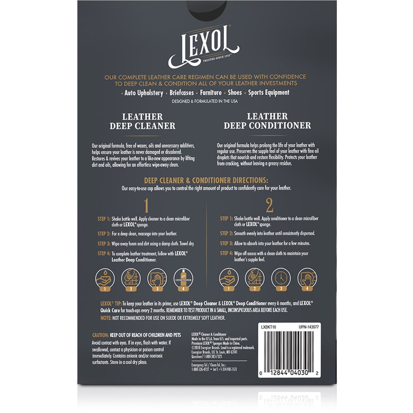 Lexol Complete 2-Step Leather Care Cleaner & Conditioner Kit with Applicator Sponges