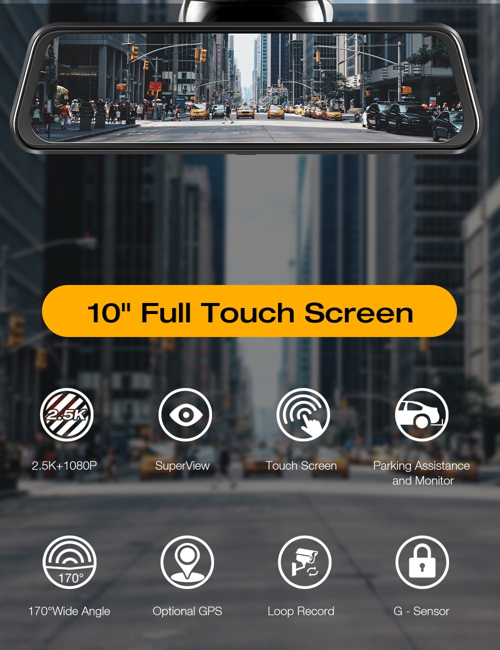 TOGUARD 2.5K Mirror Dash Cam for Car, Dual Dash Camera Front and Rear w/10" Full Touch Screen, Rear View Mirror Camera, 1080P Waterproof Reverse Backup Camera, Parking Assist, Loop Recording, G-Sensor