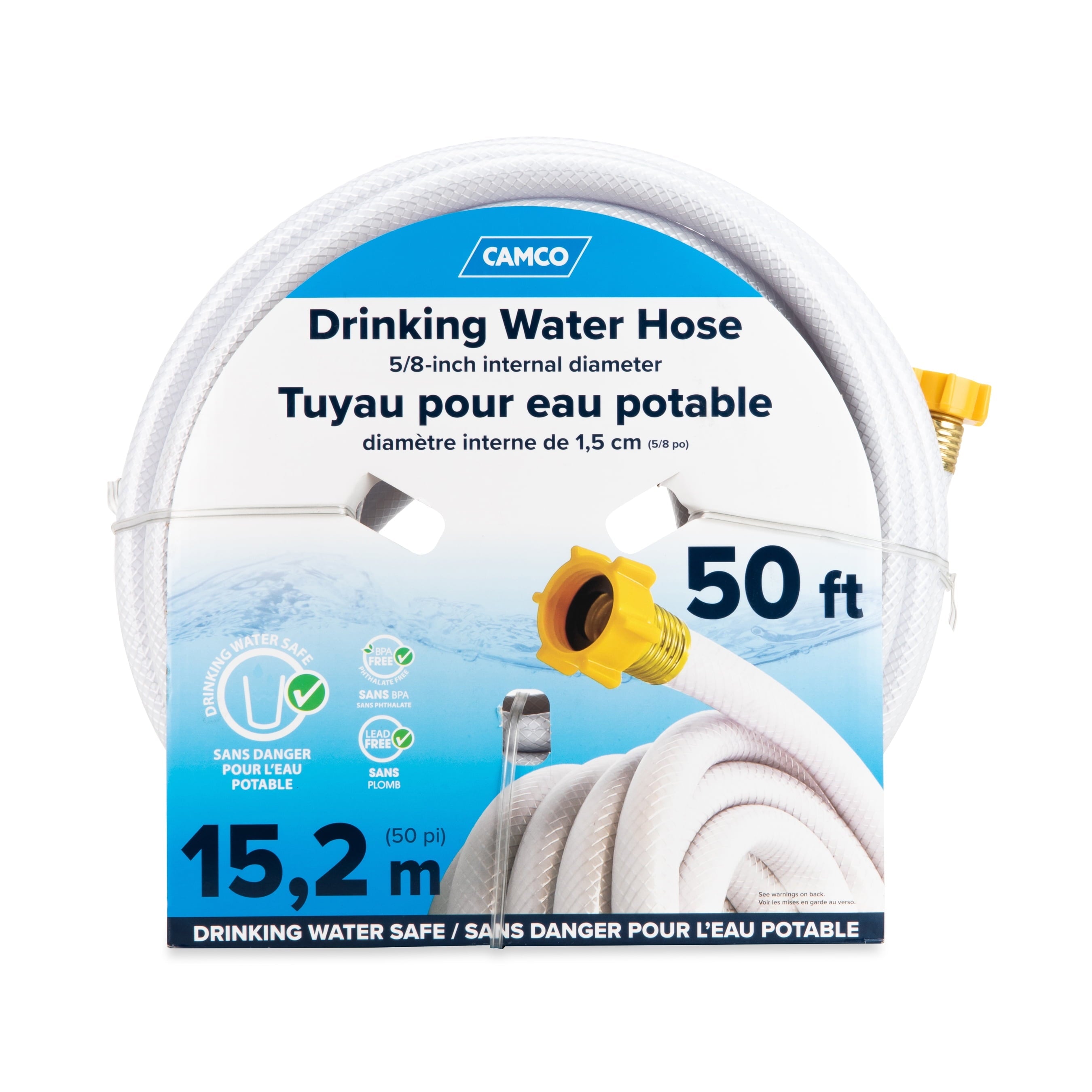 Camco TastePURE 50-Ft Camper/RV Water Hose | Features Reinforced Kink-Resistant Design & Rolled Brass Fittings w/Yellow ABS Swivel Female Connector | 5/8â Inner Diameter | Drinking Water Safe (22793)