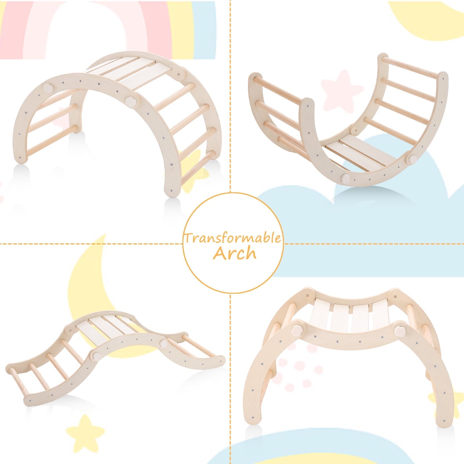 Toddler Climbing Toys Indoor,Pikler Triangle Set with Arch and Ramp, Foldable Wooden Montessori Climbing, Wood Play Gym, Toddler Gym for 2-6 Years