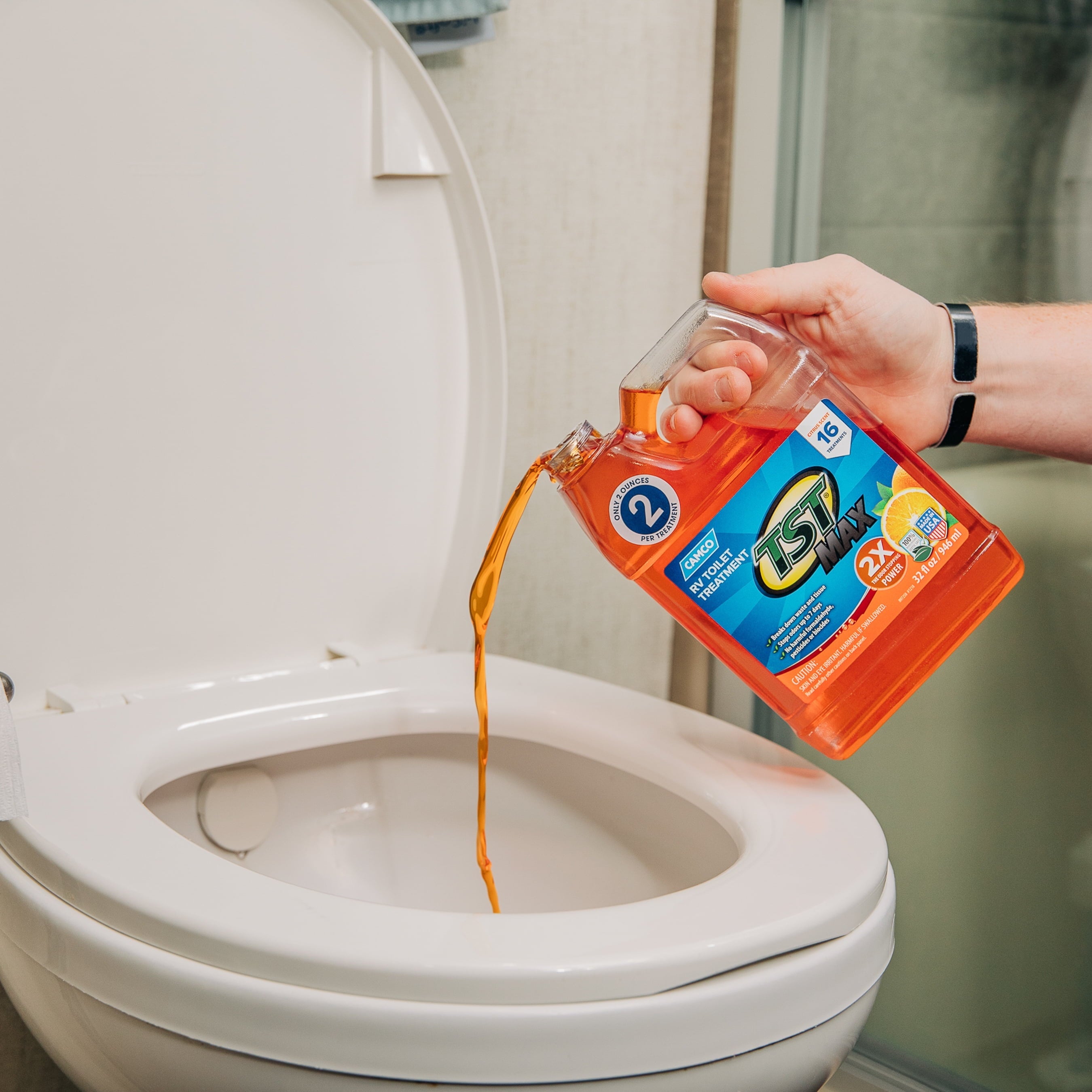 Camco TST MAX RV Toilet Treatment | Features an Ultra Concentrated Formula with Orange Citrus Scent | Stop Odors and Break Down Waste in Camper or Marine Waste Holding Tanks | 32oz. (41192)