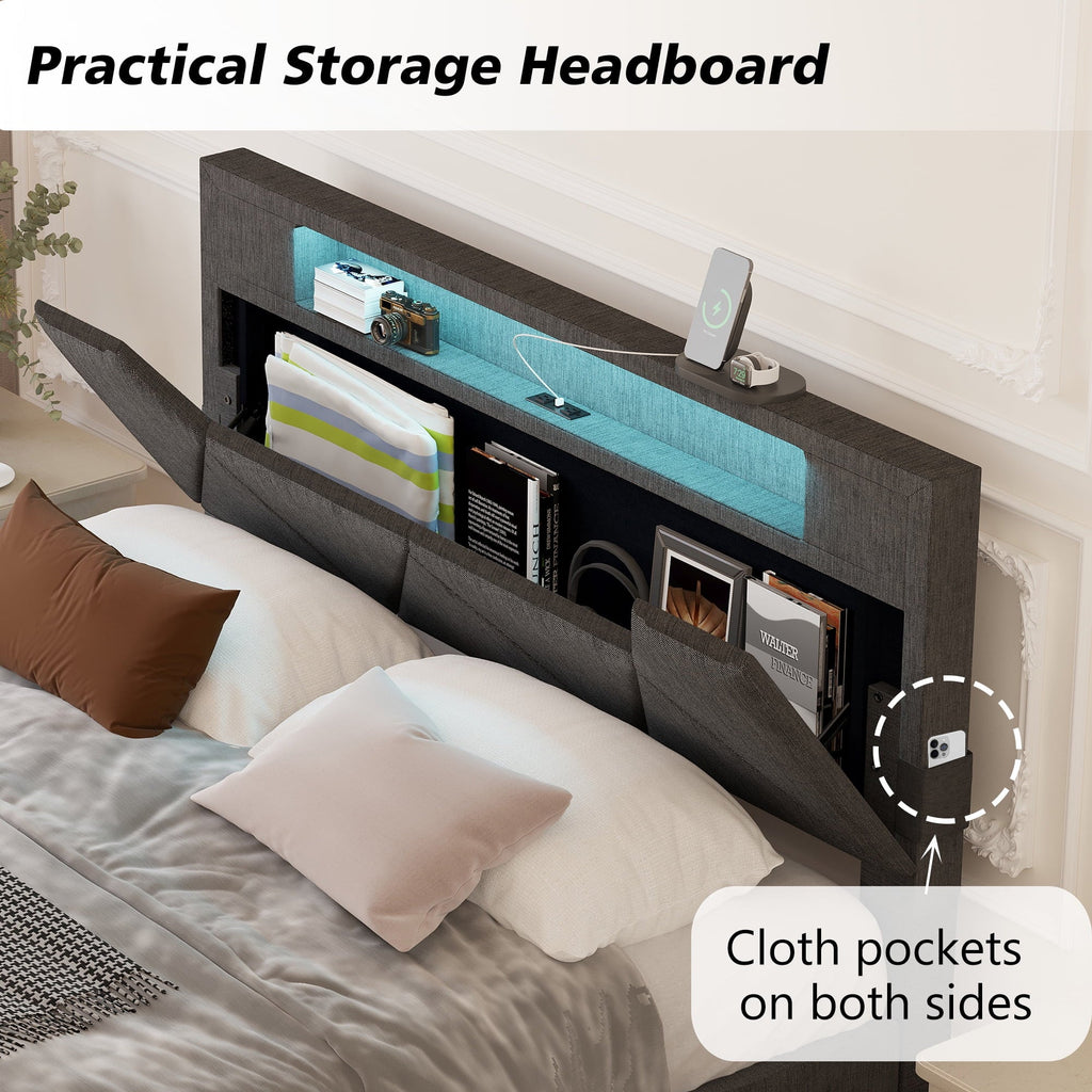 ANCTOR Queen Bed Frame with Storage Headboard & Charging Station for Adults,  Grey